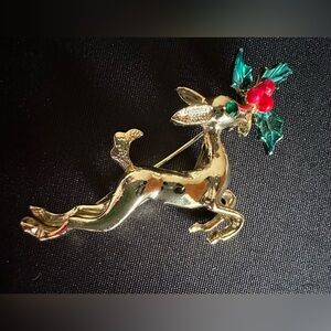Gerrys Christmas Reindeer Brooch with Holly & Berries